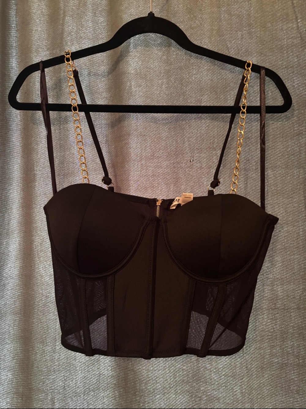 Say What? Black Bustier Crop Top with Gold Chain Straps